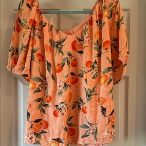 LOFT Peach Citrus Orange Floral Blouse Sz Large Lg L